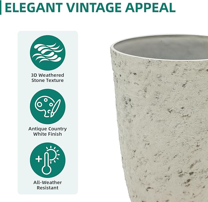 19.5" Resin Tall Planters for Outdoor Plants, Set of 2 Country White Large Flower Pots with Handmade Birch Bark Texture, Heavy-Duty and Weather-Resistant for Year Round Indoor Outdoor use