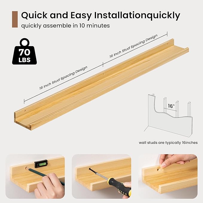 Picture Ledge Shelf, Solid Pine Wood Floating Shelves Set of 2, 36 Inches Nursery Book Shelves for Toys Storage, Kids Bookshelf Wall Mounted for Living Room Bedroom Decor Books Photo Frames, Natural