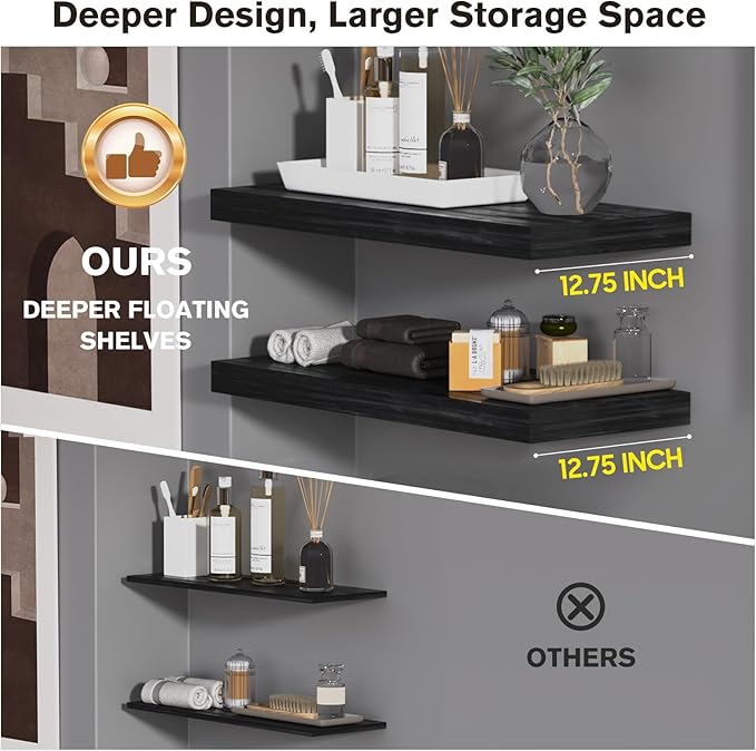 Large Floating Shelves for Wall Set of 2 Wooden Wall Shelves 30 in x 12.75 in x 2 in Room Decor Long Shelf with Invisible Wall Mount Bracket for Bedroom Kitchen Living Room Black Wood