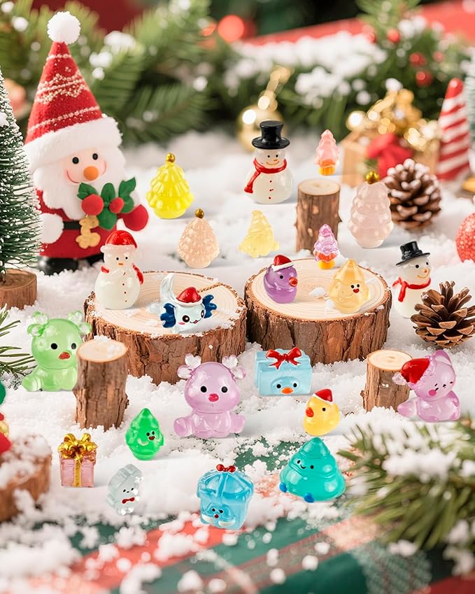 75 Pcs Miniature Christmas Figurines - Luminous Mini Resin Figures to Hide, Glow in The Dark Resin Animals for Micro Landscape Aquarium Fairy Garden Dollhouse Decor
