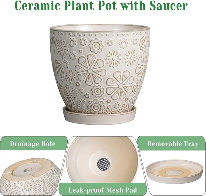 Ceramic Planter 8 Inch Plant Pot with Drainage Hole and Saucer Ceramic Pots for Indoor Plants Outdoor Large Flower Pot for Home Decor White