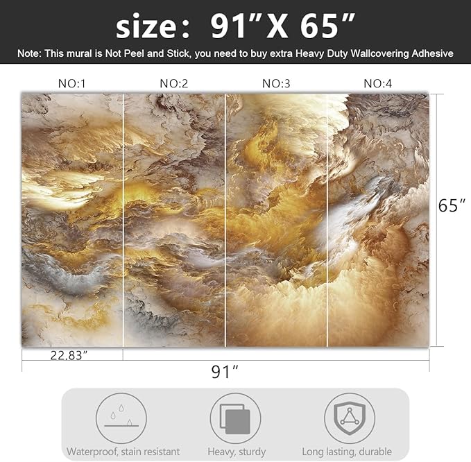 '-Golden Clouds Ceiling Fabric Wallpaper Living Room Bedroom Bathroom Modern Boys Girls Kids Room Abstract Large Mural- 91"x65"（ not Peel and Stick）