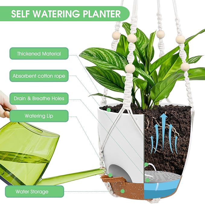 Hanging Planters for Indoor Outdoor Plants, 2 Pack Self Watering Hanging Pots, Hanging Plant Baskets with Drainage Holes & 2 Types of Plant Hangers (Green, 6'')