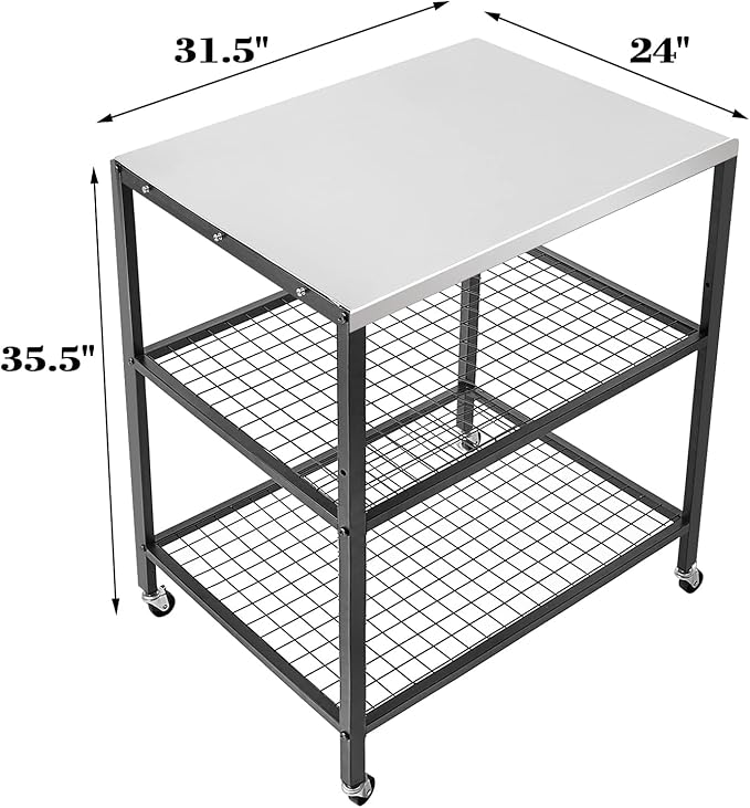 Stainless Steel Grill Cart with Cover Pizza Oven Stand with Water-Proof Cover Trolley Table with Wheels Three-Shelf Movable Food Prep and Work Cart Table Heavy Duty Grill Cart Outdoor 31.5"×24"×35.5"