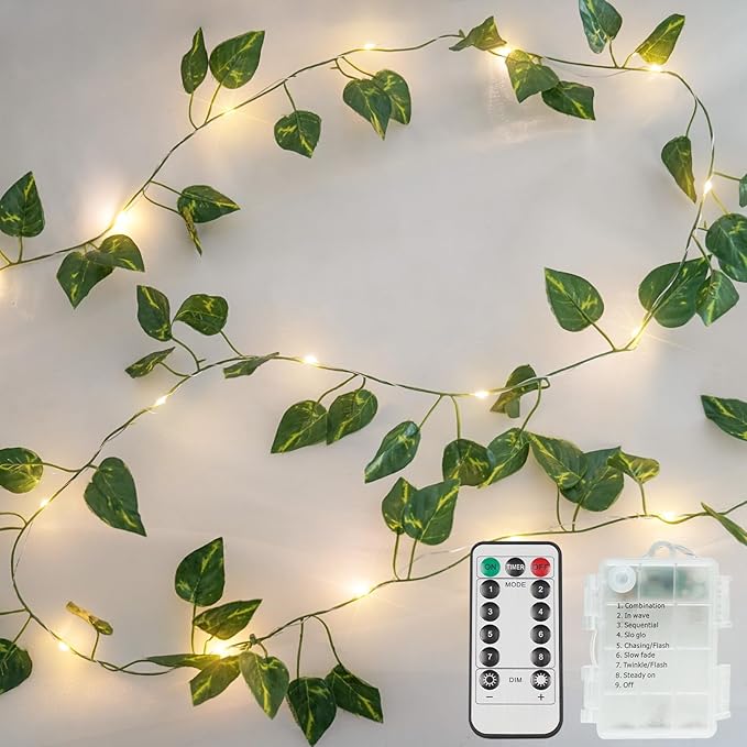 suddus Vine with Fairy Lights Battery Operated, 13.1ft 40 LED Pothos String Lights with Remote, Leaf Lights for Bedroom, Room, Wall, Garden, Party, Wedding Decor(Warm White)