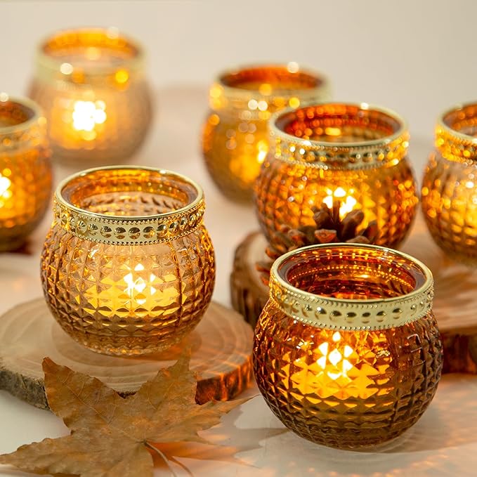 Amber Votive Candle Holders,Small Glass Tea Light Holder 12pcs,for Wedding Table,Vintage Boho Party,Holiday Centerpieces Fall Decorations