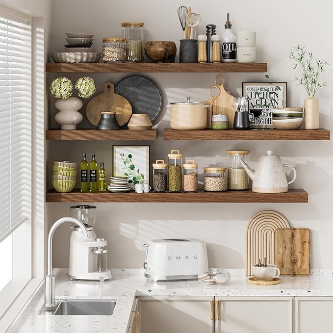 Heimlove 36 Inch Long Walnut Floating Shelf for Wall, 12" Deep Floating Shelves Wall Shelves for Bedroom Living Room Bedroom,Wall Mounted Shelves for Storage Book Decor, Set of 2