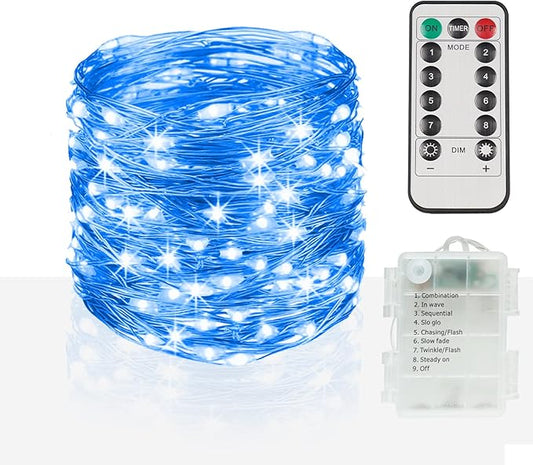suddus 33ft 100 LED Outdoor String Lights, Blue Fairy Lights Battery Operated with Remote, Led Twinkle Lights for Bedroom, Backyard, Wedding, Tree, Mason Jar, Wall, Centerpiece, Christmas