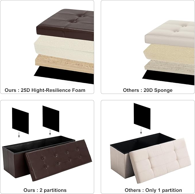 43 Inches Folding Storage Ottoman Bench, PU Leather Storage Chest, Footrest Padded Seat for Bedroom and Hallway, Holds up to 660 lbs, Brown