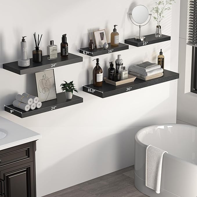 Fun Memories Floating Shelves - 16 Inch Rustic Black Wall Shelf - Wall Mounted Shelves for Wall Decor Storage - Wooden Shelves with Invisible Brackets for Living Room, Bedroom, Kitchen, 2 Pack