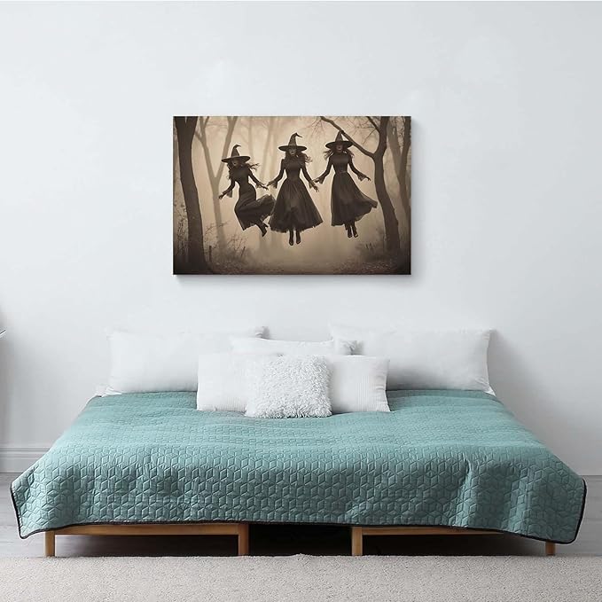 JFHCQJPK Three ghost witches flying in vintage forest gothic wall art witchcraft decoration holiday gift canvas wall art print16x24in Frameless