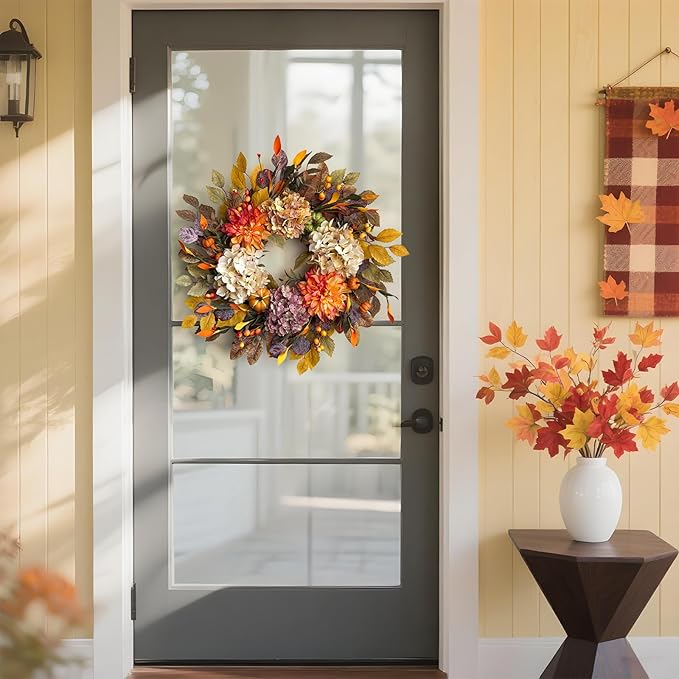 24Inch Fall Wreaths for Front Door,Fall Wreath with Beige Hydrangea,Orange Dahlia Artificial Flowers,Pumpkins,Autumn Wreaths for Harvest Thanksgiving Halloween Indoor Outdoor Home Decor