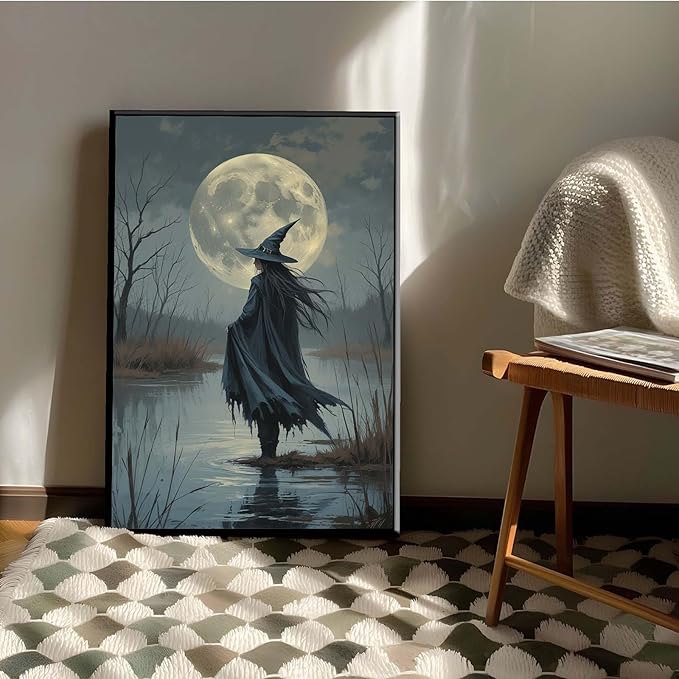 JFHCQJPK Witch in the moonlight magic canvas wall art enchanting Halloween home decor swamp witch silhouette oil painting mysterious gothic aesthetic wall decor print poster12x16in Metal blackFramed