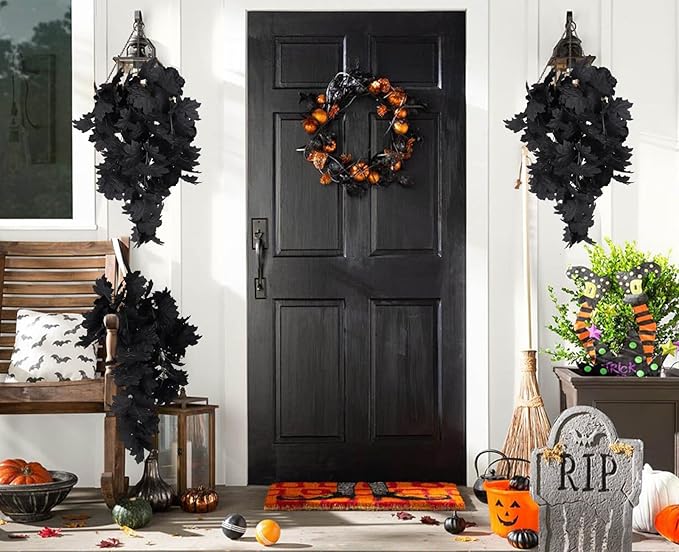 RECUTMS Black Maple Leaf Artificial Hanging Plants Fake Plants Faux Fall Leaves Halloween Faux Plants Autumn Leaves Artificial Wall Hanging Indoor Outdoor Halloween Decoration（Black）