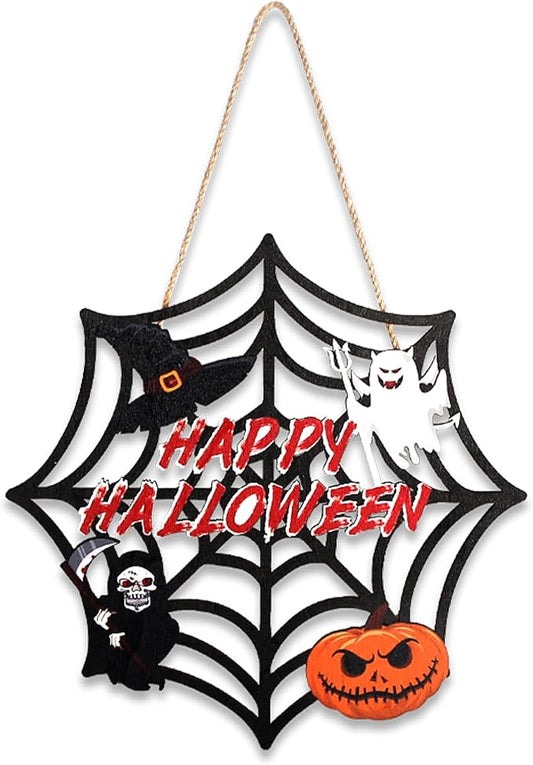 Halloween Party decorations - Welcome Sign for Front Door,Rustic Round Wood Wreaths for Outdoor Outside,Spider Web Garland Porch Ghost Decor for Party Favors Supplies | Halloween Decor for Wall Indoor