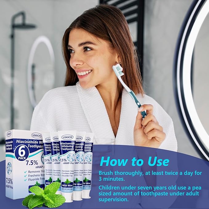 7.5% Nano Hydroxyapatite Toothpaste,6 Pack Fresh Breath Toothpaste for Remineralizing Enamel & Sensitive Relief,Whitening,Antiplaque,Natural Peppermint,Fluoride-Free