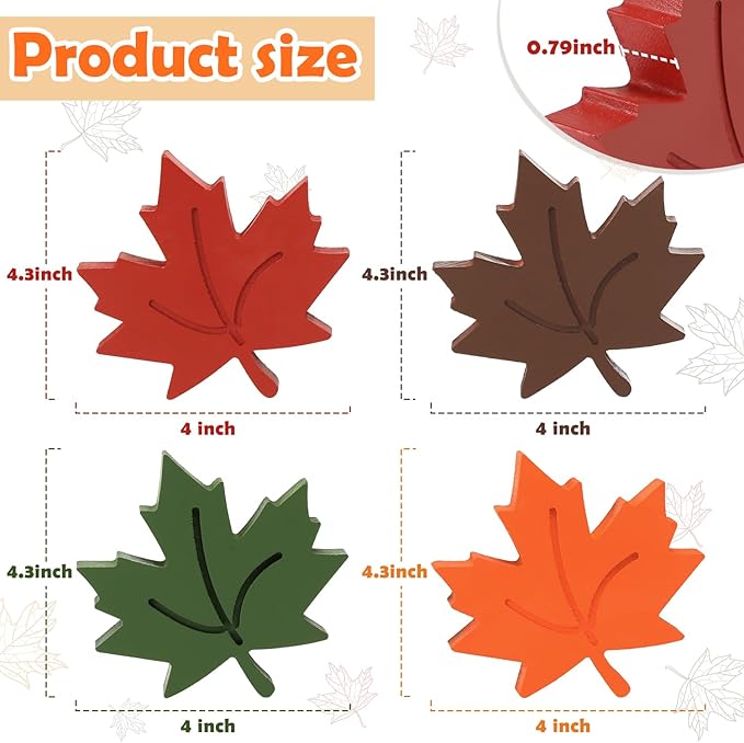 4pcs Fall Leaves Decorations Farmhouse Thanksgiving Table Decor Centerpiece Wooden Maple Leaf Signs Block for Autumn Harvest Tiered Tray Party Shelf Display