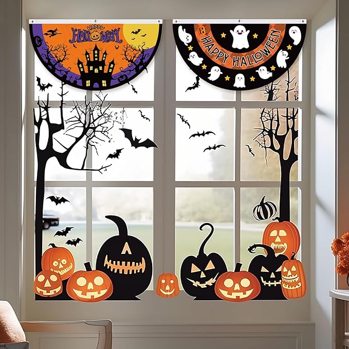 Lounsweer 12 Pcs Halloween Bunting Fan Flag for Outside 3 x 1.5 ft Fall Thanksgiving Bunting Flag Outdoor Pumpkin Ghost Turkey Seasonal Half Fan Banner for Autumn Halloween Christmas Porch Yard Decor