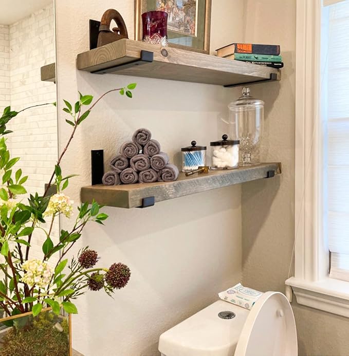 Rustic Shelves with J-Brackets Set of 2, Industrial Shelf, Kitchen Shelves, Solid Wood, Decorative Wall Storage, Heavy Duty, URBANDI (Grey, 24Wx8D)