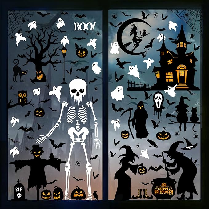 150 Pcs Halloween Window Clings Bats Witches with Cauldron Halloween Window Decoration | Large-Size Double-Side Skeletons Windo Clings Hallowee Party Decoration Reusable & Removable