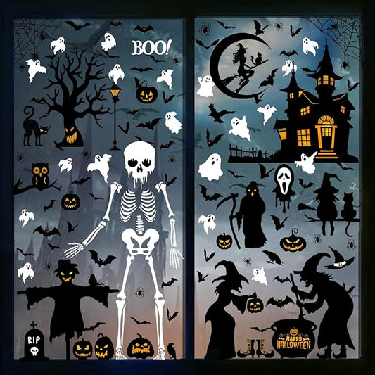 150 Pcs Halloween Window Clings Bats Witches with Cauldron Halloween Window Decoration | Large-Size Double-Side Skeletons Windo Clings Hallowee Party Decoration Reusable & Removable