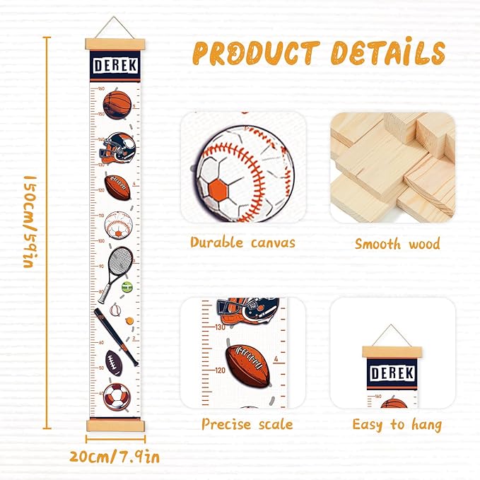 Personalized Name Growth Chart Wall Decor for Kids – Canvas Removable Height Chart Measuring Ruler 59" x 7.9" (Balls)