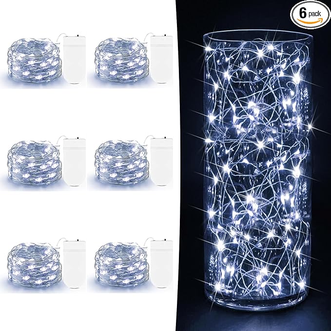 6 Pack Fairy Lights Battery Operated - 7ft 20 LED Twinkle Lights Copper Wire Mini String Lights Firefly Lights for Mason Jars DIY Crafts Christmas Wedding Party Centerpiece Table Decor, Cool White