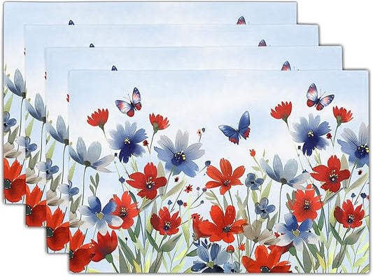 4th of July Floral Placemats Set of 4 12x18 Inch Patriotic Red Blue Watercolor Flowers Washable Non-Slip Heat Resistant Place Mats Memorial Day Independence Day Table Mats