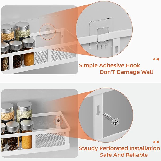 Over The Door Pantry Organizer, 8 Pack Spice Rack Wall Mounted & Hanging Storage Baskets Organizer Wall Mount, Large Capacity Metal Spice Shelf for Kitchen Cabinet, Bathroom, Shower, Home Decor