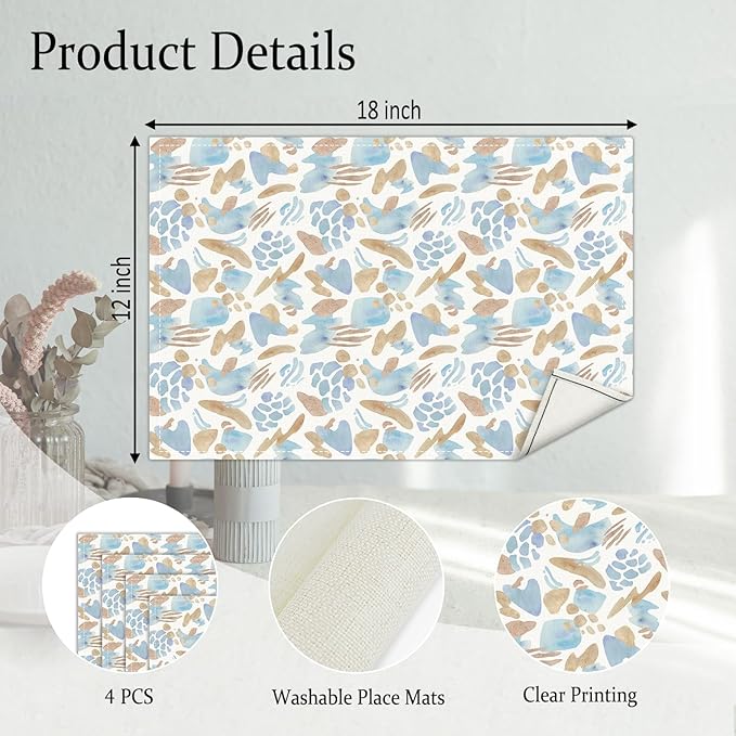 Blue and Brown Placemats Set of 4, Watercolor Table Mat for Home Kitchen, Restaurants, Outdoor Linen Washable Place Mats 12x18 inch Party Event Dining Decoration-07