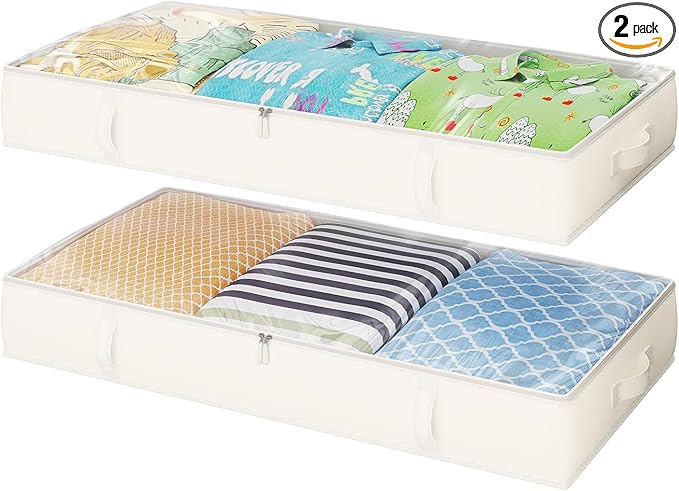2-Pack Under Bed Storage, 6 Inches Tall Closet Organizers and Storage Bins with Sturdy Sidewalls/Bottom/4 Handles, Beige