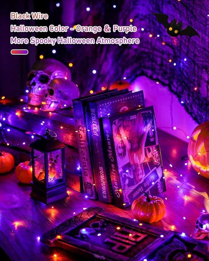 JMEXSUSS 2 Pack Solar Halloween Lights Outdoor Waterproof, Total 66FT 200 LED Orange and Purple Halloween Lights, 8 Mode Black Wire Solar Fairy String Light for Outside Yard Spooky Party Decorations