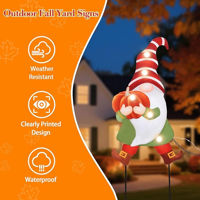 WONDER GARDEN 3 PCS Fall Yard Sign Metal Gnomes Decorative Garden Stakes with Led Lights Autumn Harvest Pumpkin Thanksgiving Garden Lawn Porch Patio Decorations Outdoor