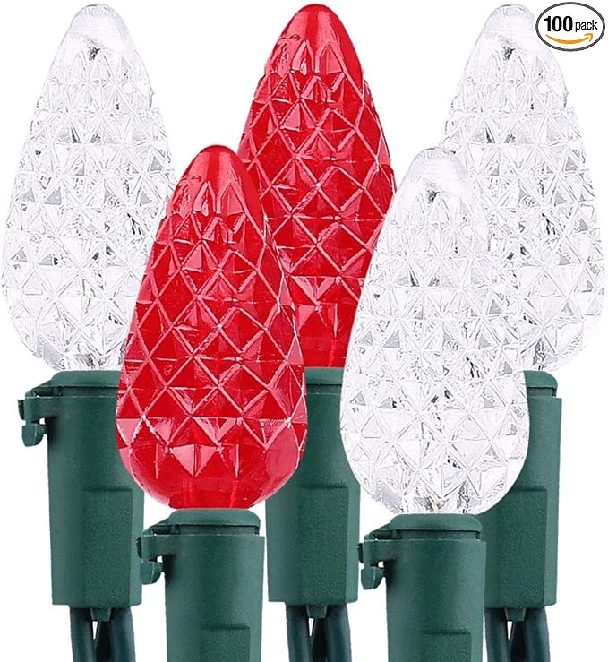 Brizled Red & White C5 Christmas Lights, 33ft 100 LED Christmas tree Lights, Connectable 120V UL Certified Faceted Christmas Lights Outdoor Indoor Xmas Lights for Christmas Tree Party Roof Decoration