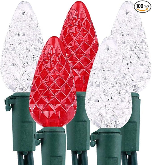 Brizled Red & White C5 Christmas Lights, 33ft 100 LED Christmas tree Lights, Connectable 120V UL Certified Faceted Christmas Lights Outdoor Indoor Xmas Lights for Christmas Tree Party Roof Decoration