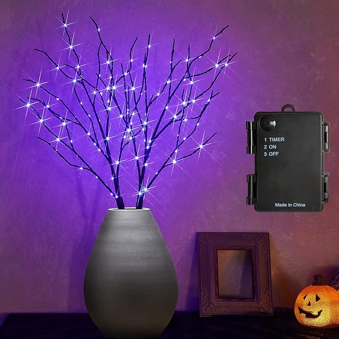 Fudios Halloween Lighted Branches with Timer 100 LED Purple Fairy Lights 32IN, Artificial Black Branch Lights for Halloween Battery Operated Home Decor Indoor Outdoor Use
