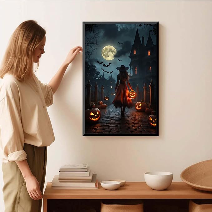 JFHCQJPK Halloween theme poster moonlit autumn night witch vintage poster art print dark college style gothic painting canvas wall decoration bedroom living room ideal gift8x12in Metal blackFramed