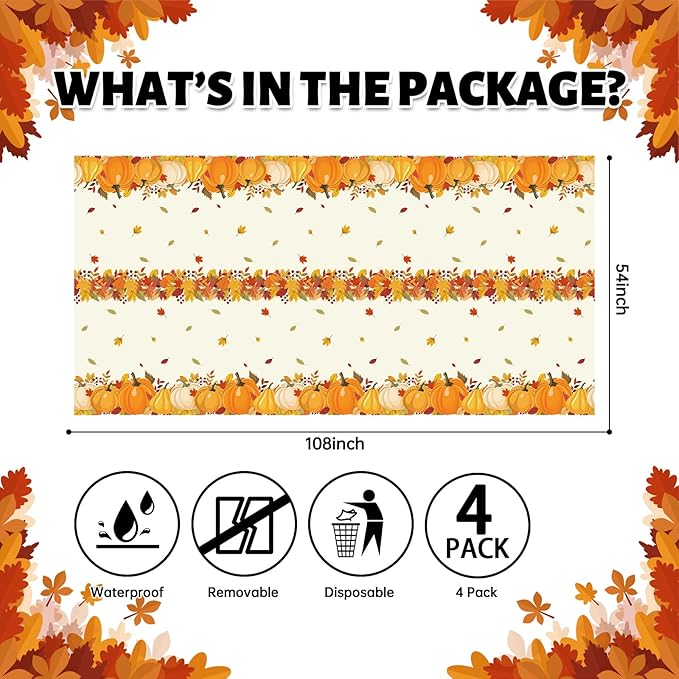 ATFUNSHOP Fall Plastic Tablecloth 4 Packs Thanksgiving Disposable Table Cloth 54x108 Rectangle Table Cover with Pumpkin & Maple Leaf for Holiday Dinner Party Decorations Outdoor Picnic & Baby Showers