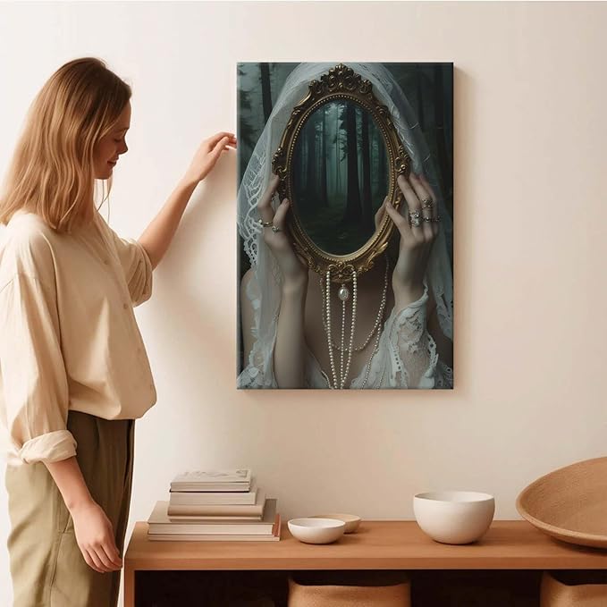 Mirror face covering dark art poster print melancholy gothic painting vintage feminine print victorian style decoration antique art28x40in Wood Framed