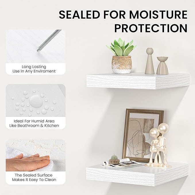 Square Floating Shelves for Wall, 8" W x 8" D x 1.2" H, Small Wooden Wall Mounted Display Shelves with Invisible Brackets for Living Room, Bedroom, Bathroom, Kitchen Decor, Set of 4, White