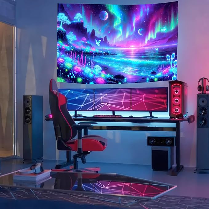 BlissYard Blacklight Fantasy Forest Tapestry UV Reactive Moon Tapestry Floral Plant Jungle TapestryButterfly Galaxy Space Tapestry Nature Landscape Wall Hanging for Bedroom Living Room 51" X 78"