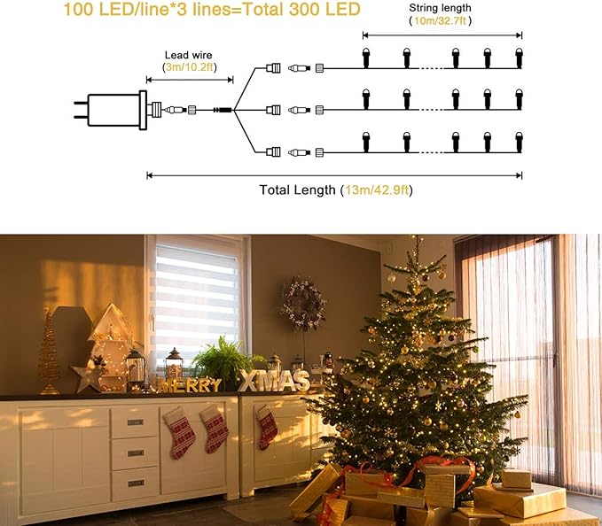 JMEXSUSS 300 LED Warm White Christmas Lights Outdoor Waterproof, 8 Modes Green Wire Christmas Tree Lights Plug in, Twinkle Fairy String Lights for Indoor Xmas Wedding Party Garden