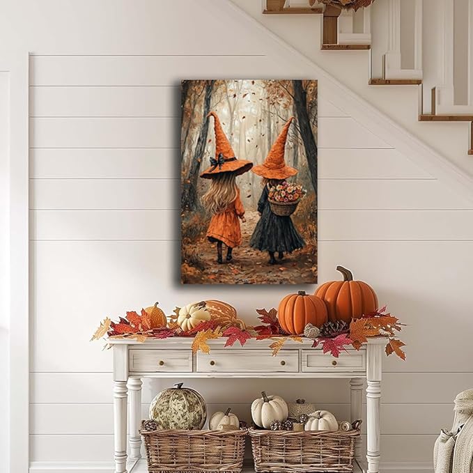 Fall Wall Art Witch Picture Decor,Little Girl Witch Halloween Wall Art, Vintage Autumn Whimsical Woodland Forest Picture, Family Room Nursery Playroom Children Room Decoration,20"x30" Unframed