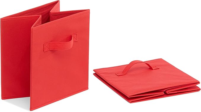 Amazon Basics Cube Organizer Storage Bins Handles, Collapsible Fabric, Pack of 6, 10.5"x10.5"x11", Red