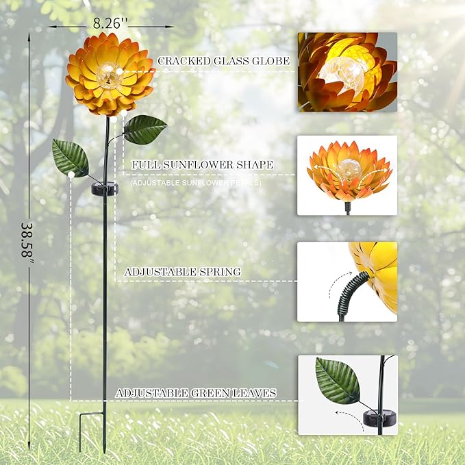 VCUTEKA Solar Garden Lights Metal Flower Decor Colorful Yellow Flowers Solar Pathway Light with LED Cracked Crystal Ball Outdoor Decorative Stake for Patio Yard Lawn