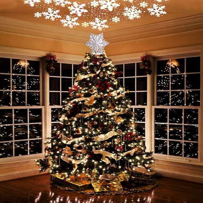OurWarm Christmas Tree Topper Lighted with LED Rotating Silver Snowflake Decorations Projector Silver Snow Tree Topper Night Light Projector for Indoor Outdoor Christmas Tree Decorations