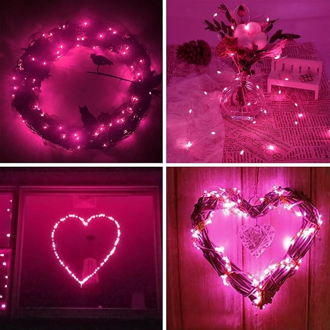 4 Pack 20FT 60LED Fairy Lights Battery Operated, Mother's Day String Light with Timer Waterproof, Battery Twinkle Lights for Girl's Bedroom Wedding Anniversary Decorations (Pink)