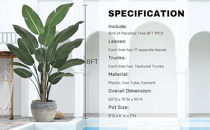 8ft Tall Bird of Paradise Artificial Tree (94 Inch) with Large Trunks and Realistic Leaves Big Faux Floor Potted Plants Fake Silk Plants for Home Office Living Room Decor Indoor (8feet,1pack)