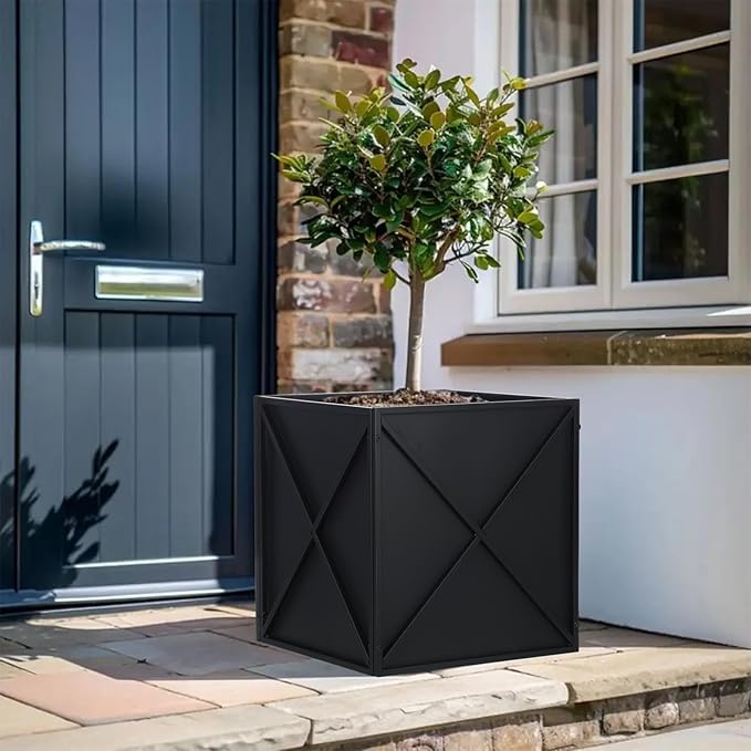 SUNNYPARK Large Metal Planter Box 17”x 17”x 18”, Square Modern Black Metal Planter Box Heavy Duty with Drainage Holes for Outdoor Garden Patio
