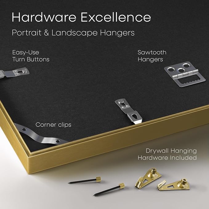 Homeforia 12x17 Picture Frame Gold, High End Metal 12x17 Poster Frames with Mat 10x15 Photo, 12 x 17 Gold Frame Matted to 10 by 15 Print, 17by12 Thin Hanging Frames, Tempered Glass, Wall Kit, Set of 1